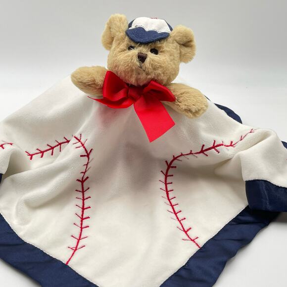 Bearington Bear Teddy Baseball Baby Lovey Blue Satin Red Stitching - Picture 1 of 11